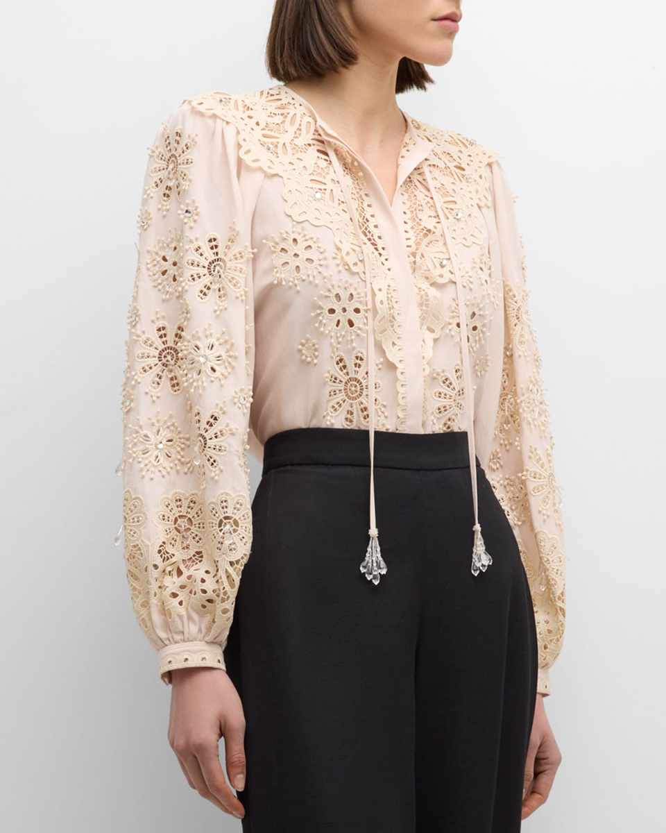 Leila Eyelet-Embroidered Bead-Embellished Blous
